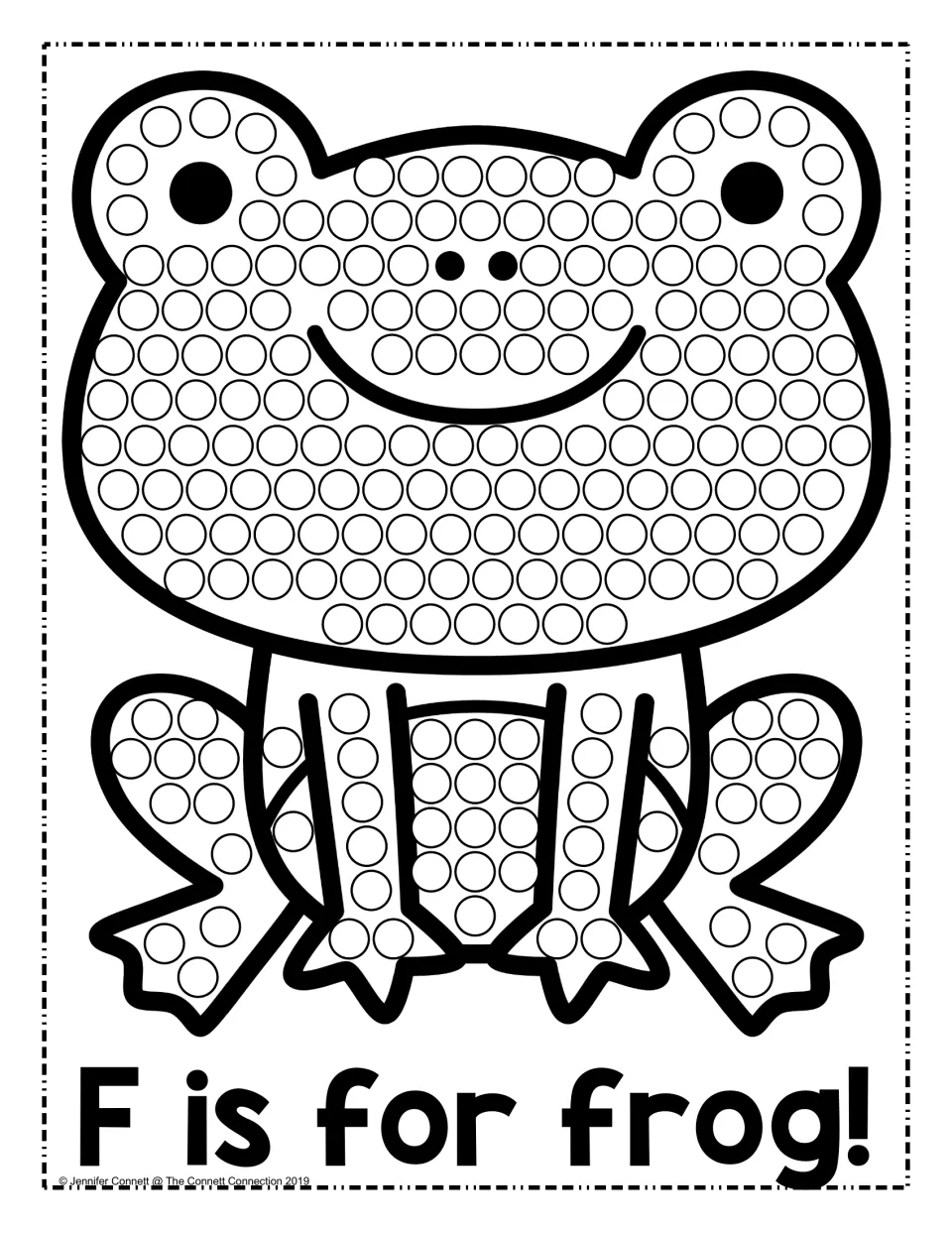 F is for frog: students dab a dot in each circle covering the sitting frog's head, body and webbed feet for letter F