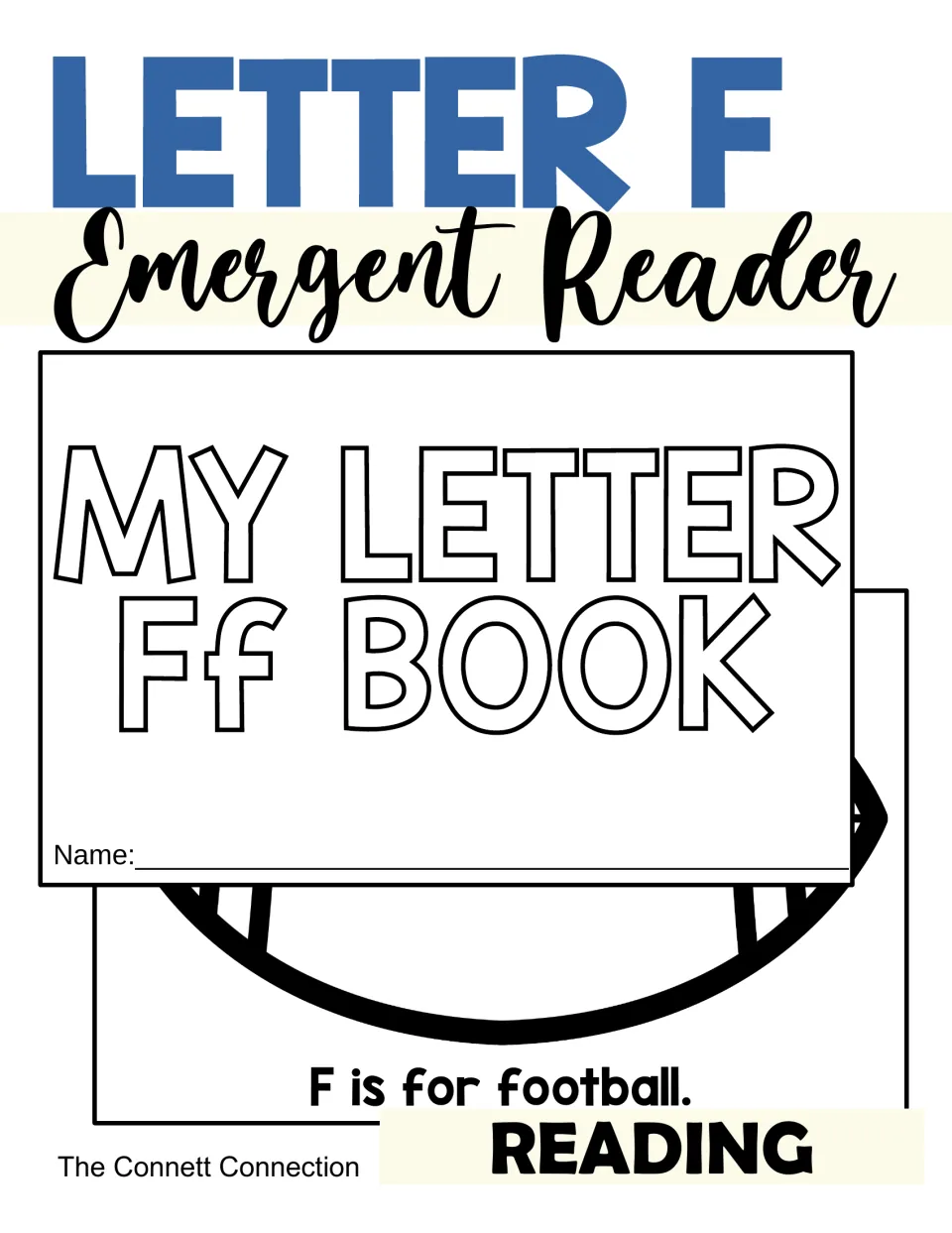 Letter F Emergent Reader cover showing the My Letter Ff Book mini-book with a name line and the sentence F is for football