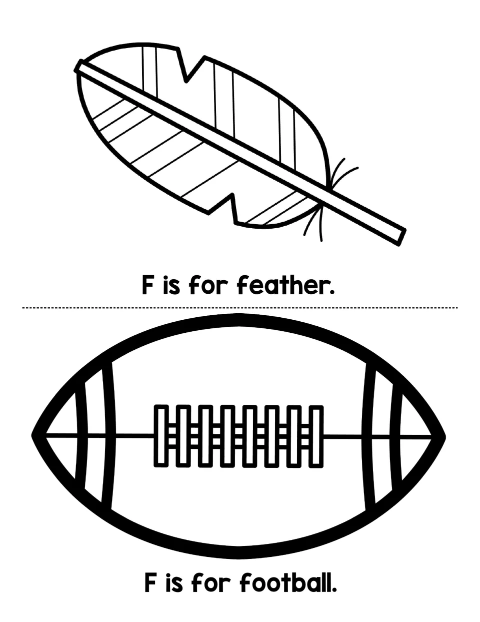 Letter F sound pages: children color a feather and a football and read F is for feather and F is for football