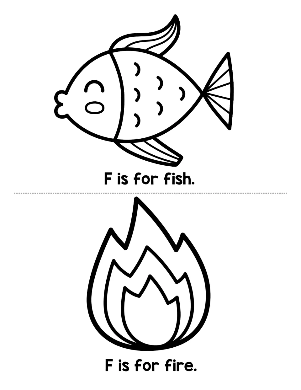 Beginning sound F practice: children color a fish and a flame, then read the sentences F is for fish and F is for fire