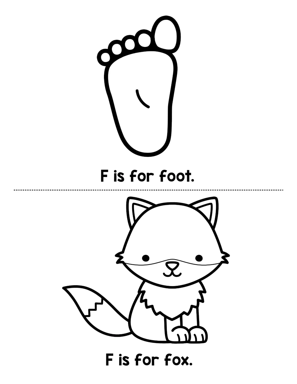 Final F reader pages: children color a foot and a sitting fox and read the repeated pattern F is for foot and F is for fox