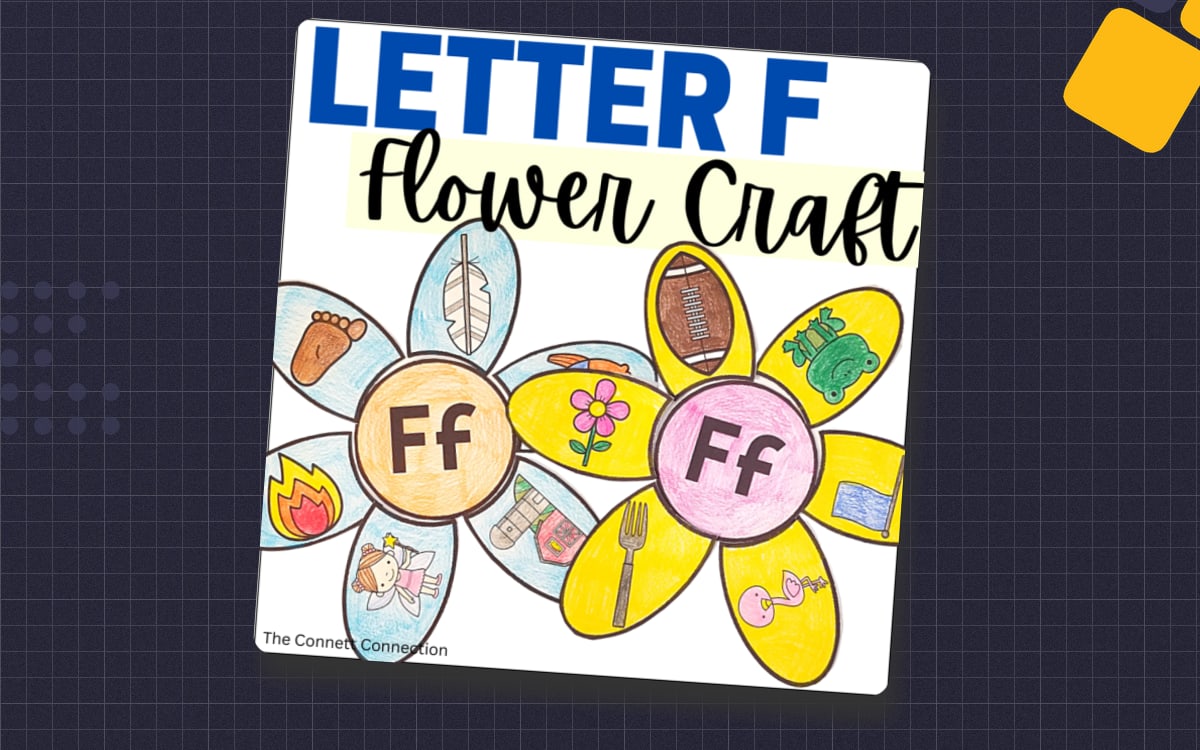 Letter F Flower Craft preview: Petal template sheet 1 (fairy, feather, footprint, fire, fish, farm)