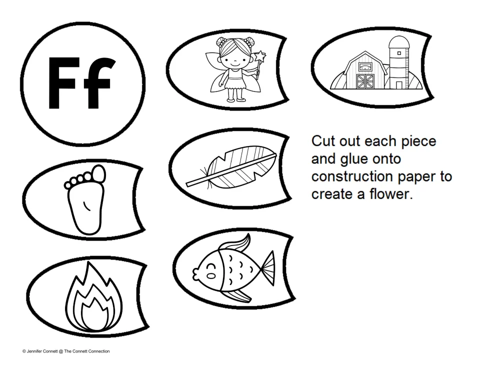 Letter F picture petals: students cut out an Ff center and six petals of a fairy, farm, feather, foot, fire and fish