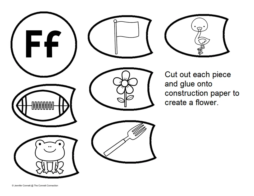 Beginning sound F: children cut out petals picturing a flag, flamingo, flower, football, fork and frog to glue around Ff
