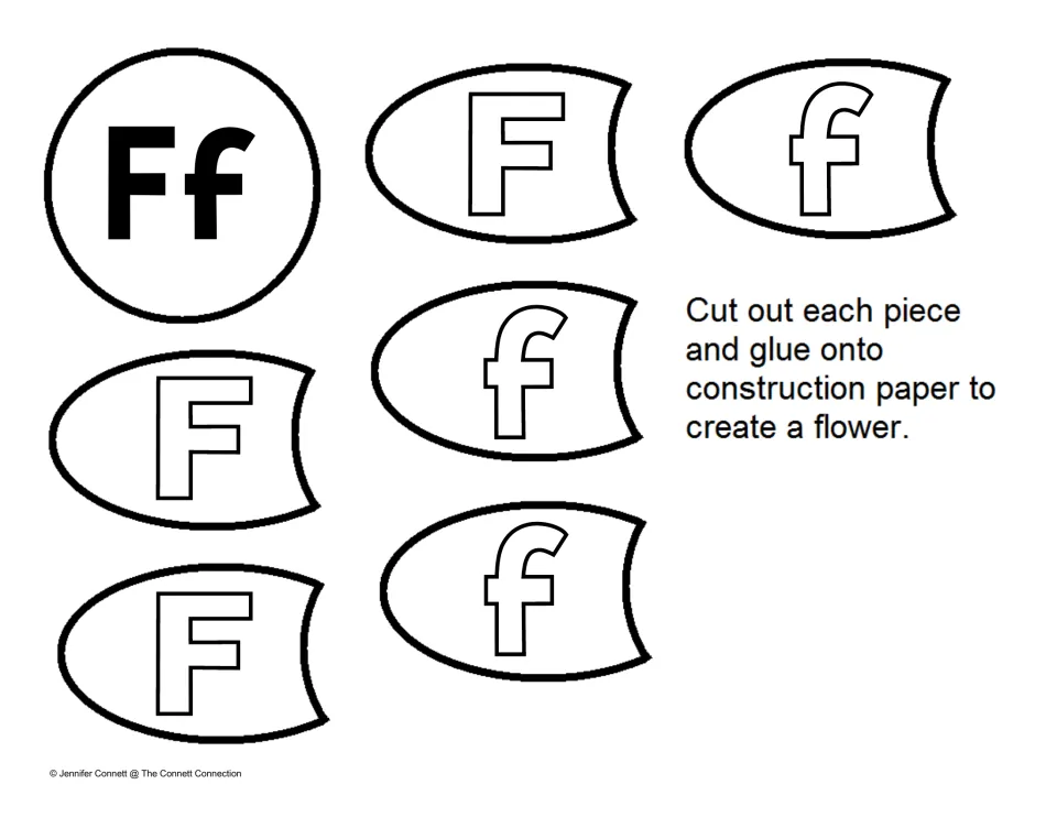 Uppercase and lowercase F petals: students cut out three outlined F and three f shapes to glue around an Ff center