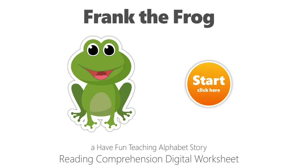 Cover of the letter F reading comprehension digital worksheet, titled 'Frank the Frog,' with a Start button.