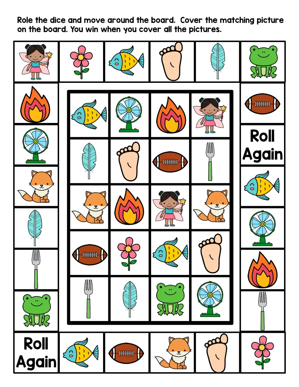Letter F roll-and-cover game in color: students roll, move and cover the matching fish, fox, fan, frog or fork picture