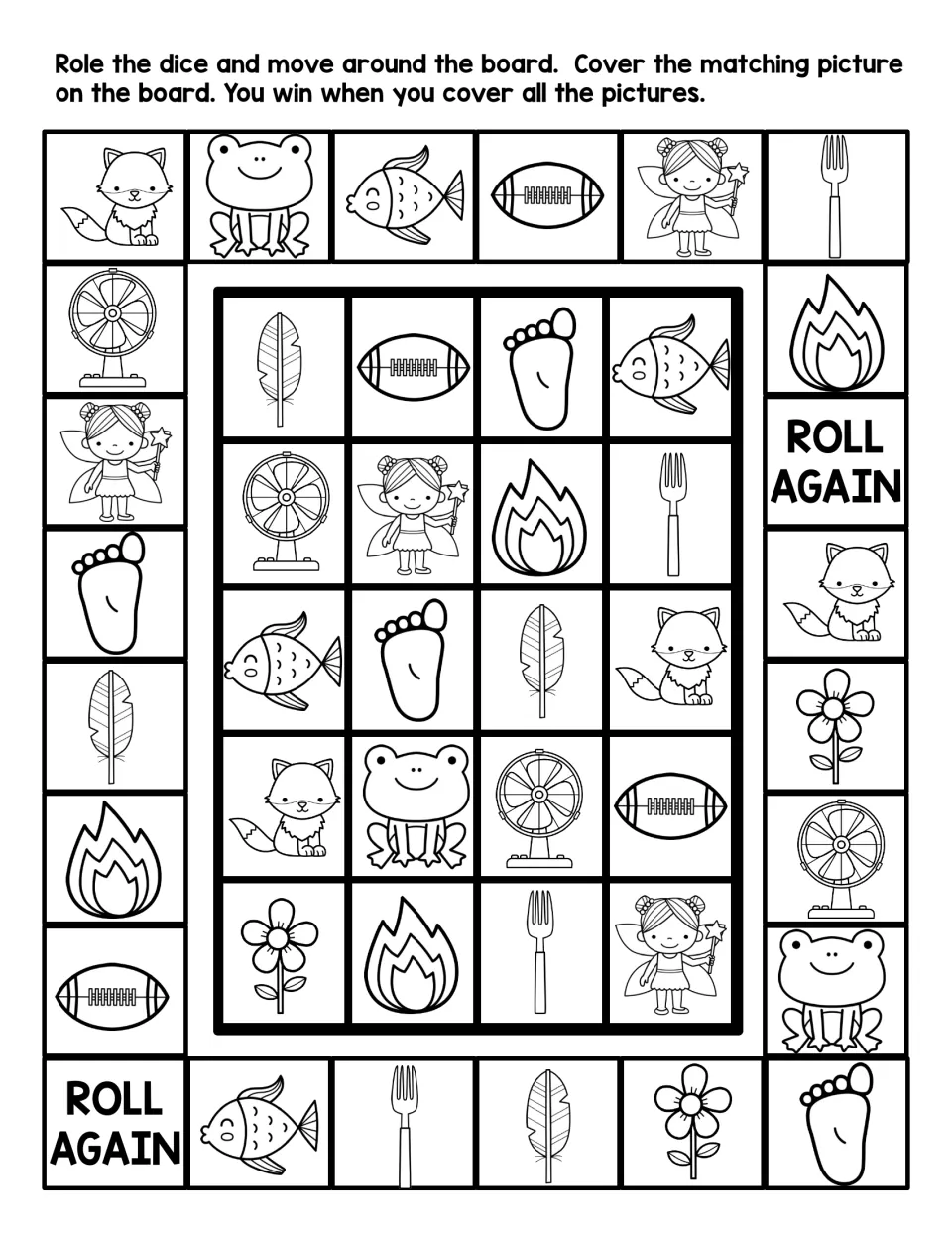 Black-and-white letter F board game: students roll a die and cover pictures like feather, foot, fire and football to match