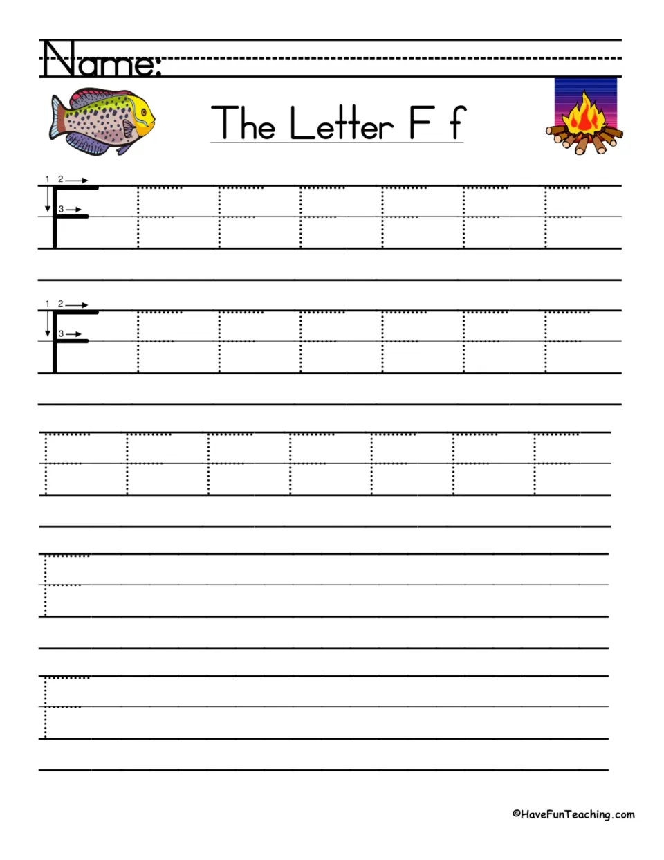 Uppercase F handwriting practice: numbered stroke directions, dotted letters to trace, and writing space.