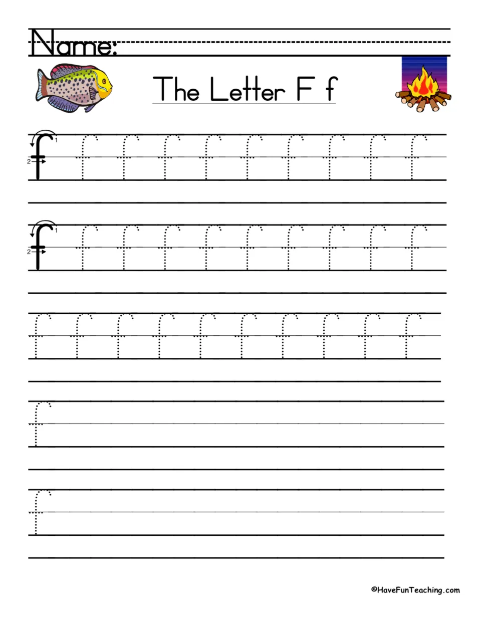 Lowercase f handwriting practice: numbered stroke directions, dotted letters to trace, and writing space.