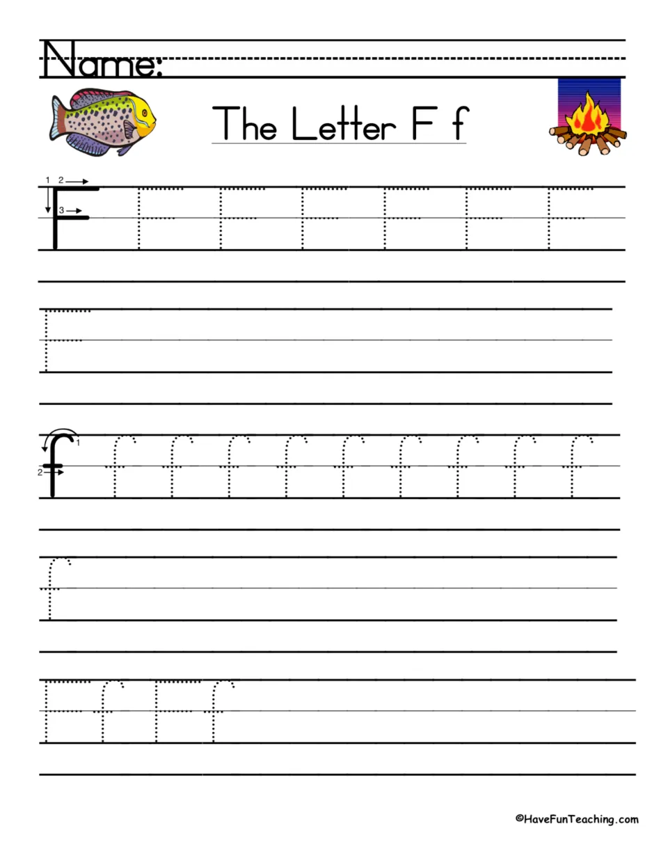 Combined F and f handwriting practice: stroke directions, uppercase and lowercase tracing, and writing space.