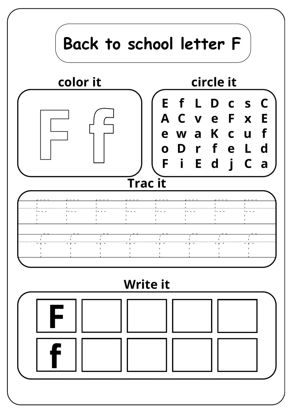 Back to school letter F: students color F and f, circle F in a letter grid, trace rows of F and f, then write each