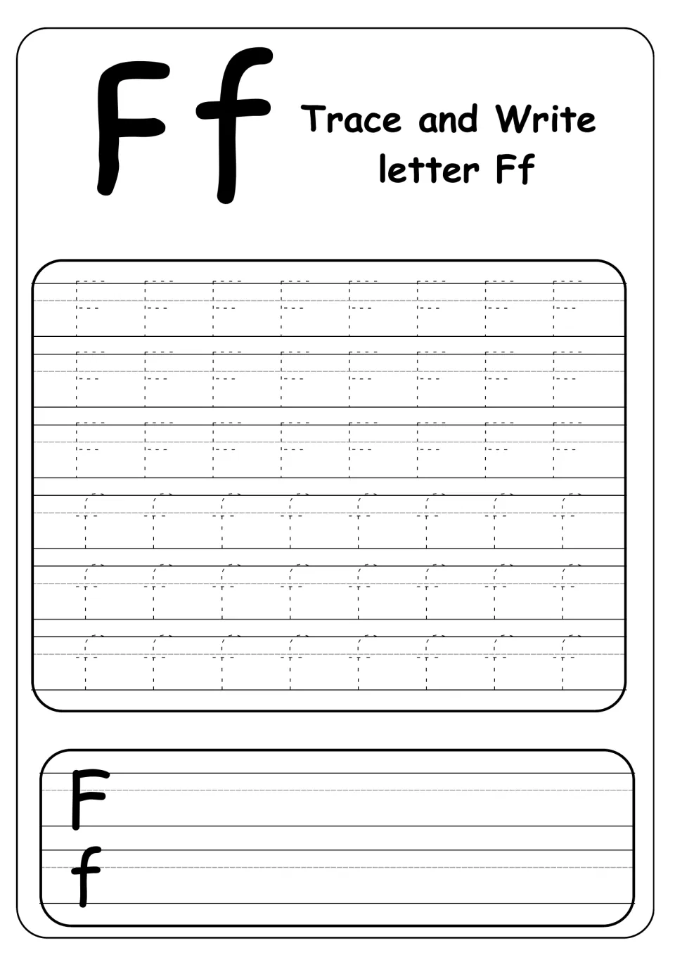 Trace and Write letter Ff: students trace three rows of dotted capital F and three of lowercase f, then copy both on lines