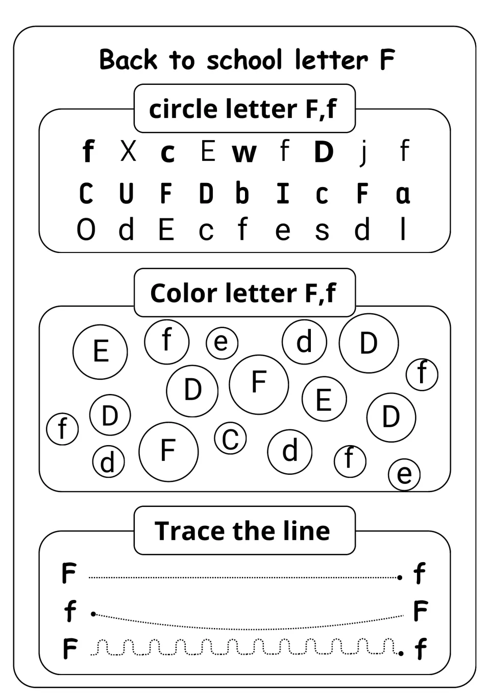 Letter F recognition: students circle F and f among mixed letters, color F and f bubbles, and trace lines from F to f