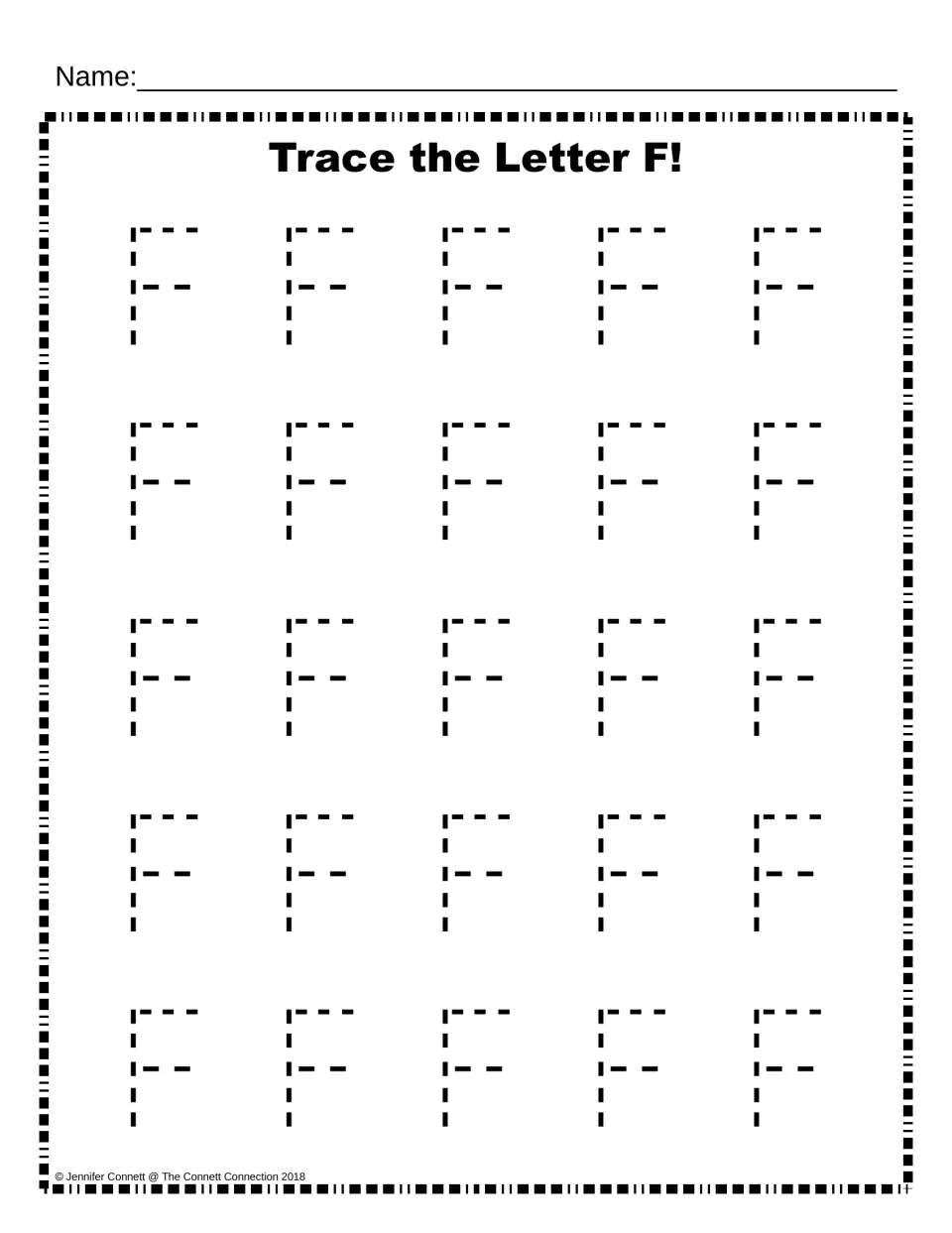 Trace the Letter F: students trace 25 dotted uppercase F letters in five rows to practise capital F letter formation