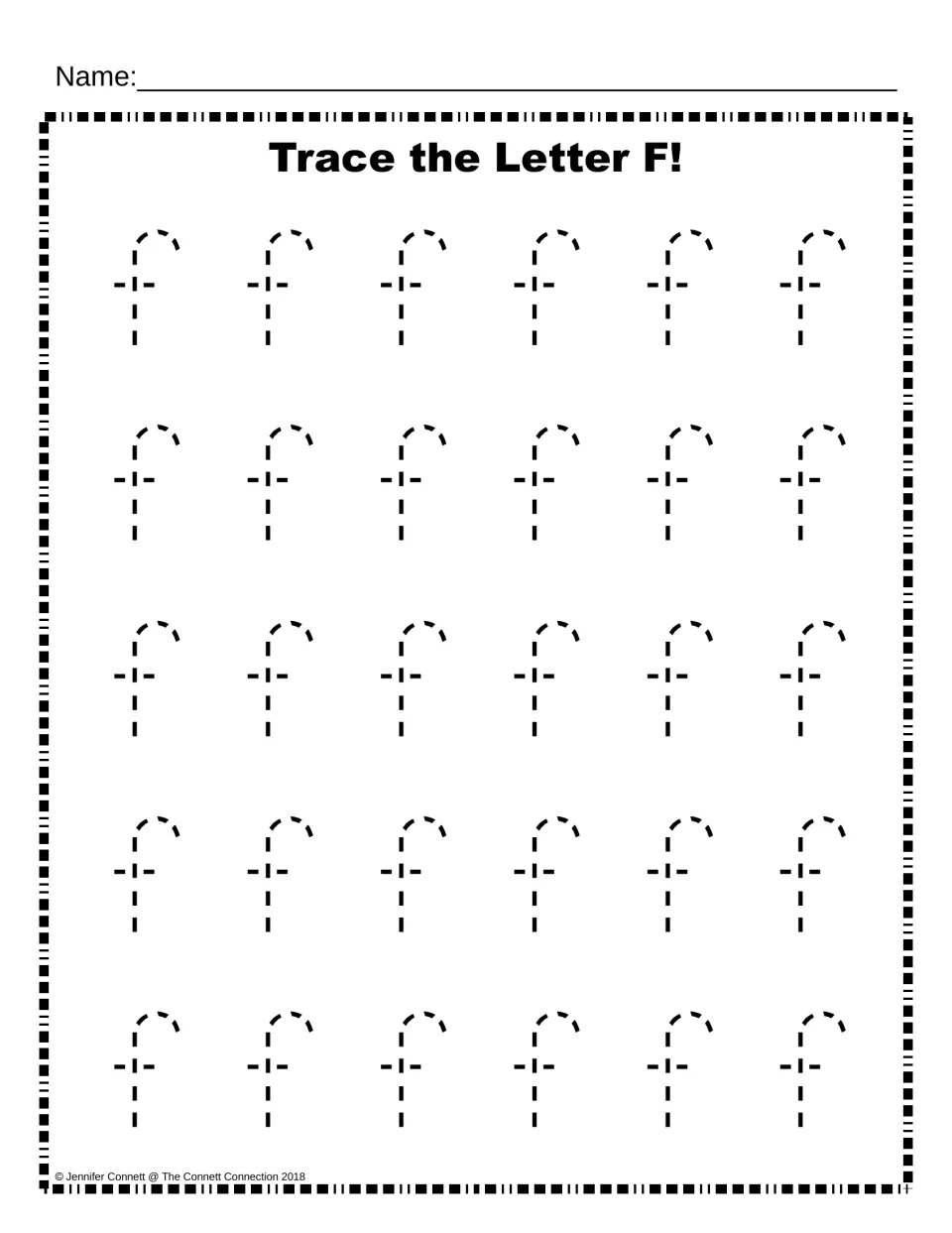 Lowercase f tracing: students trace 30 dotted lowercase f letters in five rows to practise forming the hook and crossbar