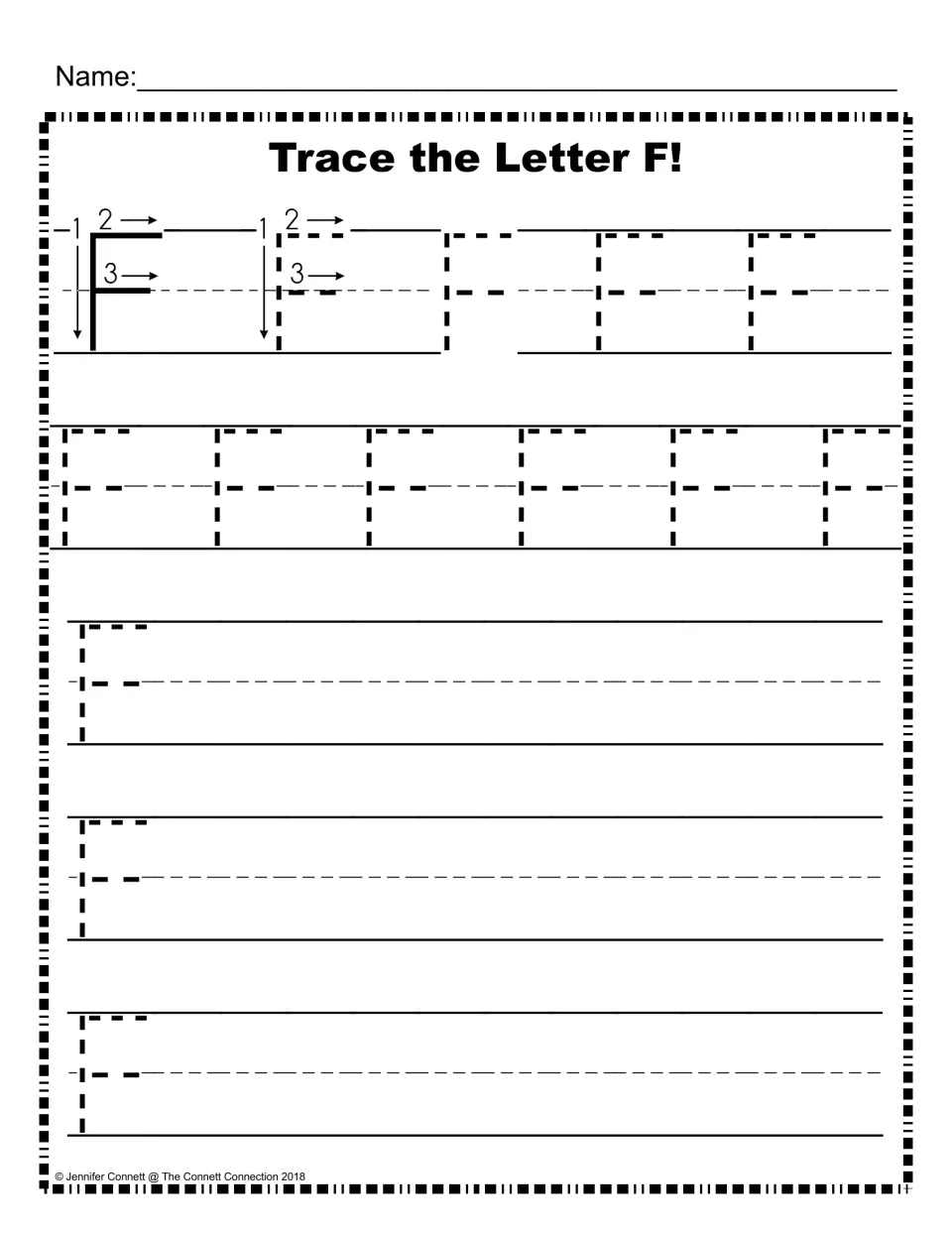 Capital F handwriting: numbered arrows show stroke order, then students trace dotted F's and write their own F's