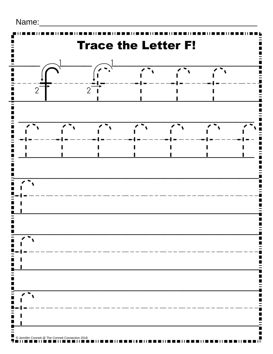 Lowercase f handwriting: two numbered strokes model the hook and cross, then students trace dotted f's and write their own
