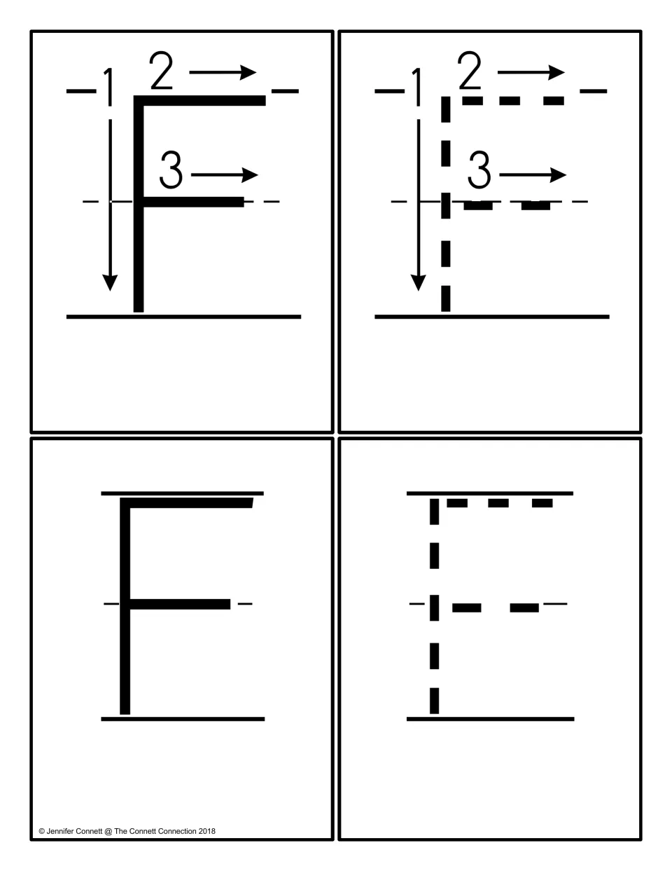 Uppercase F cards: four cards show F with stroke-order arrows, a dotted F to trace, a solid model F and a plain dotted F