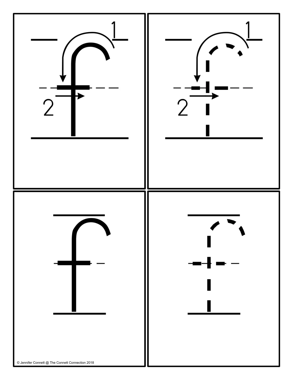 Lowercase f cards: four cards show f with numbered stroke arrows, a dotted f to trace, a solid model f and a plain dotted f