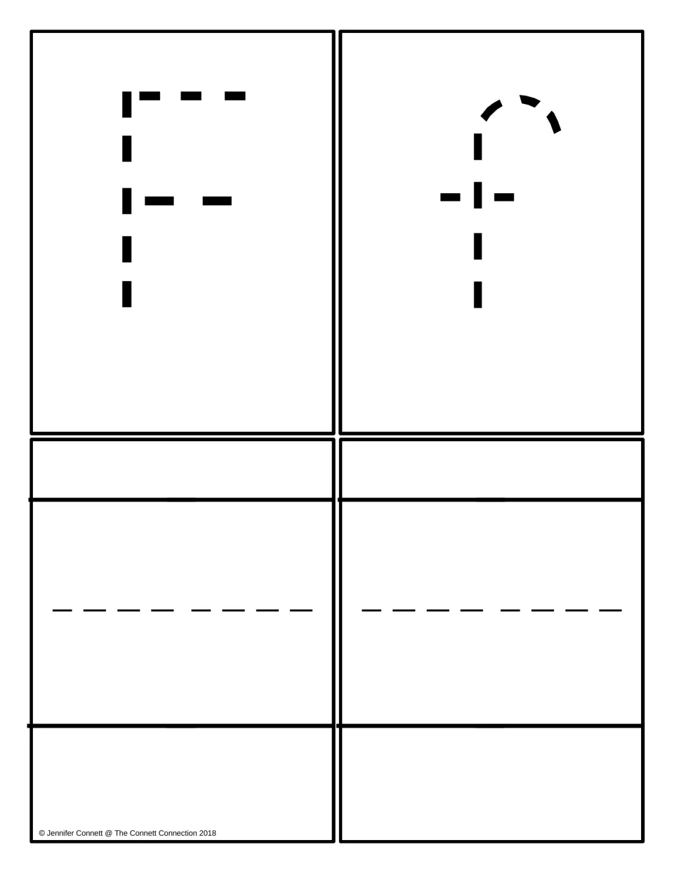 F and f practice cards: dotted uppercase F and lowercase f cards to trace, plus two blank cards for writing the letter