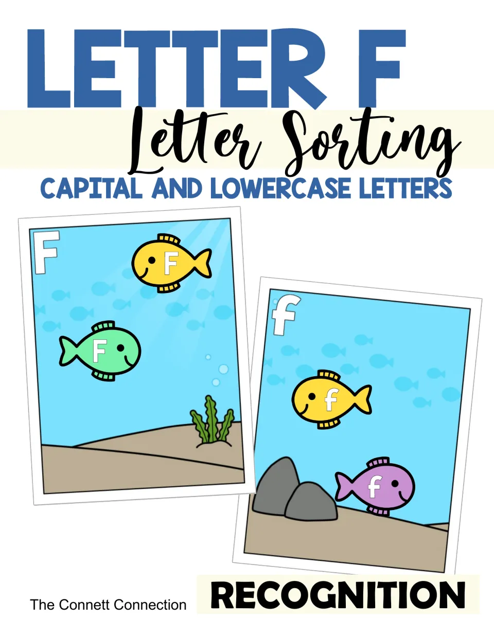 Letter F sorting cover: ocean mats for capital F and lowercase f with matching fish cards, labeled Recognition