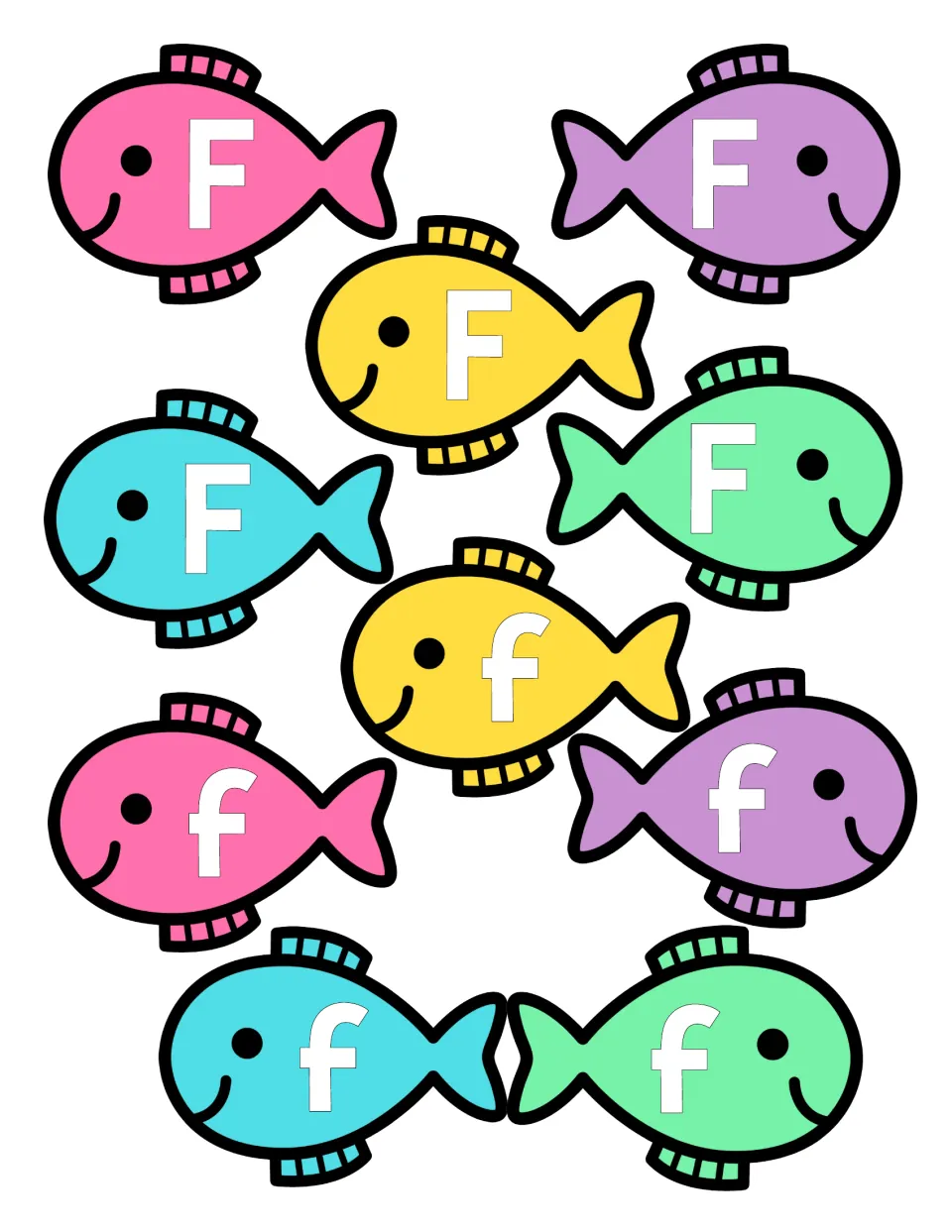 Fish sorting cards: ten fish cut-outs, five with capital F and five with lowercase f, for students to sort onto mats