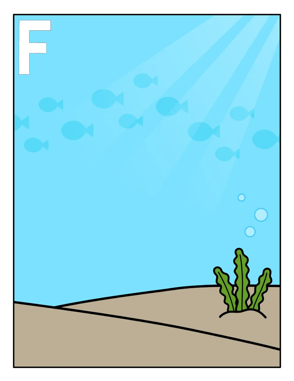 Capital F sorting mat: underwater scene with seaweed and a large F where students place the capital F fish cards