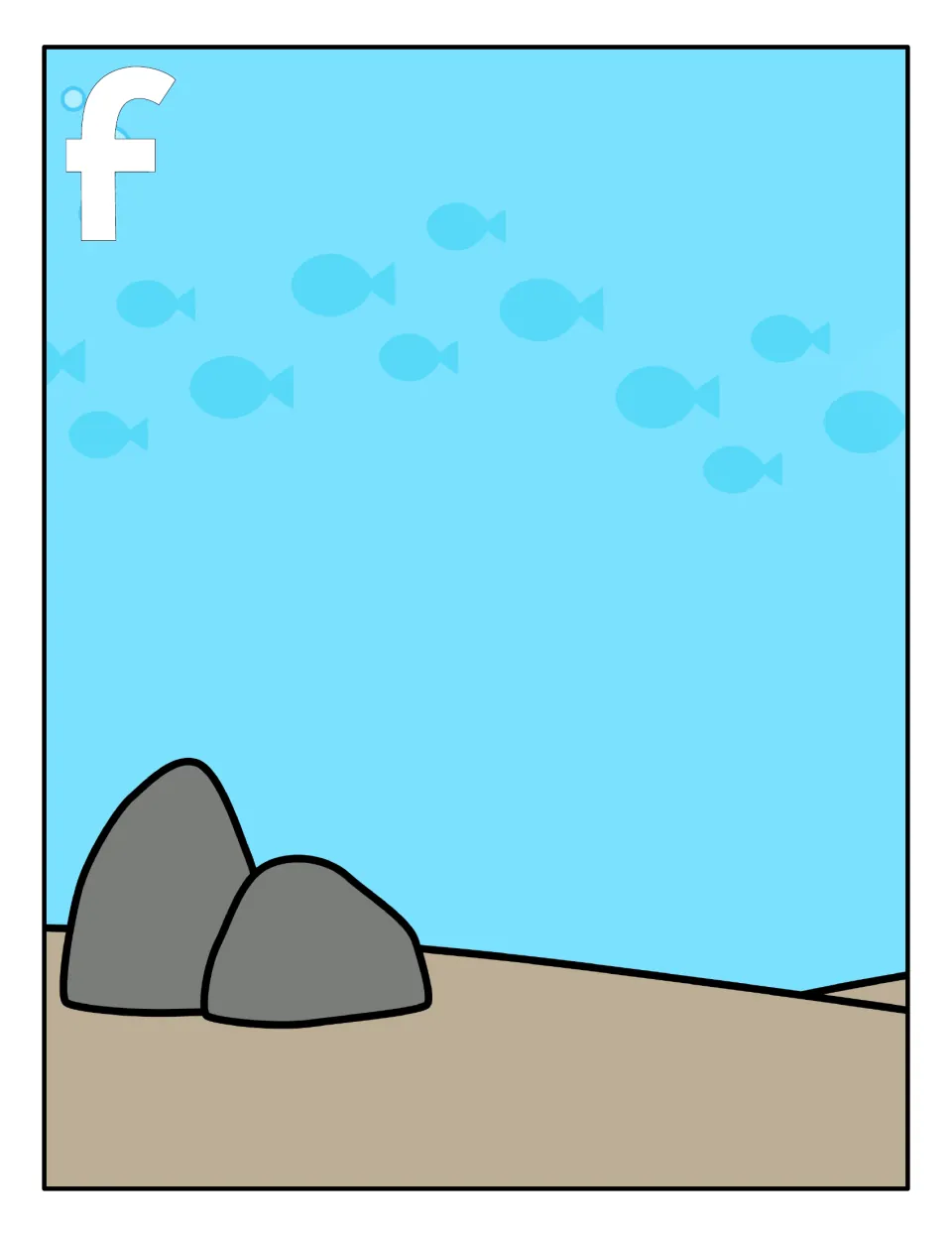 Lowercase f sorting mat: underwater scene with two rocks and a large f where students place the lowercase f fish