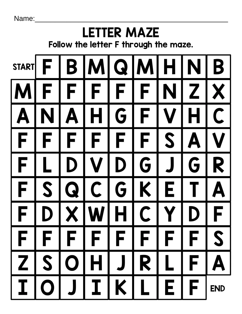 Uppercase F letter maze: students recognize capital F and follow a long path of F's from START to END among mixed letters