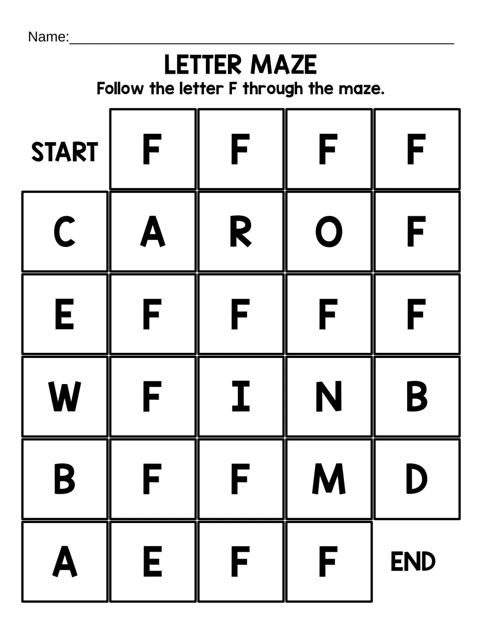 Uppercase F letter maze, short version: students trace a path of capital F's from START to END past other letters