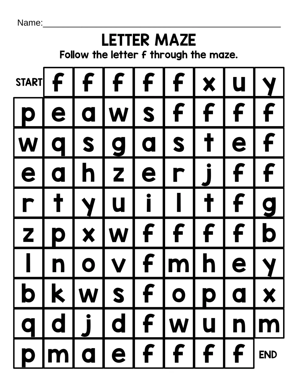 Lowercase f letter maze: students spot lowercase f and follow a winding path of f's from START to END among mixed letters
