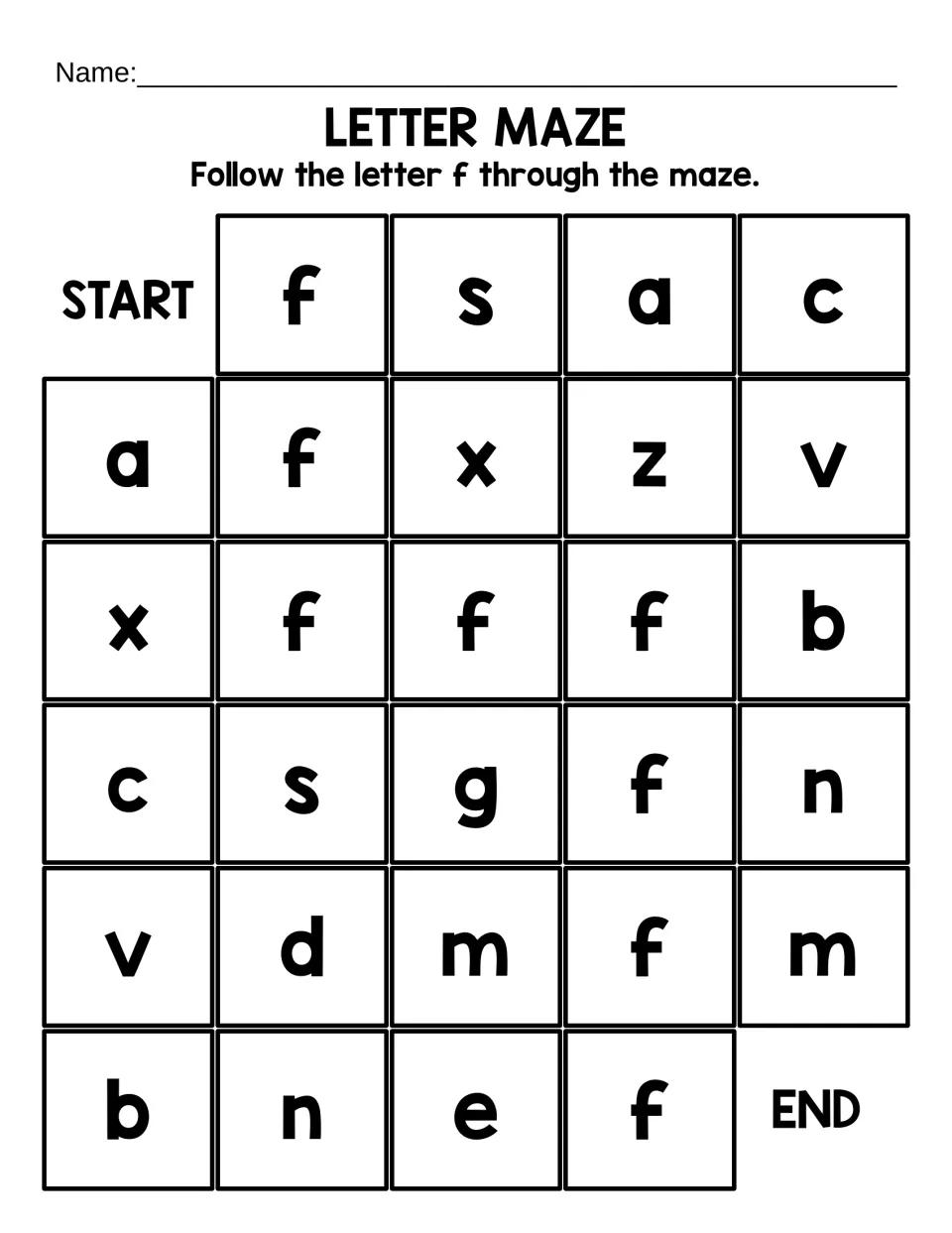 Lowercase f letter maze, short version: students trace a path of lowercase f's from START to END past other letters