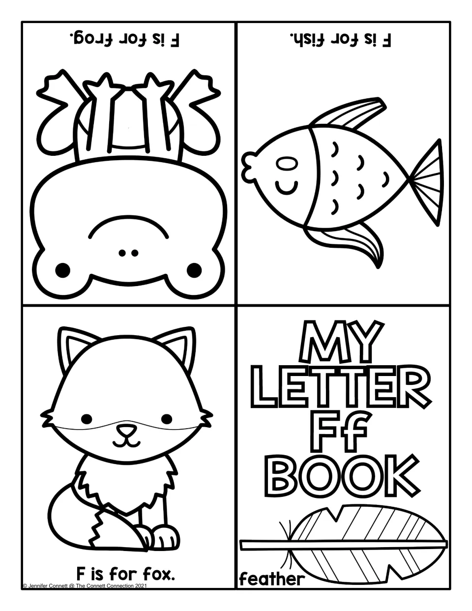 Letter Ff fold-up book: students fold the sheet into a feather cover and pages reading F is for frog, fish and fox
