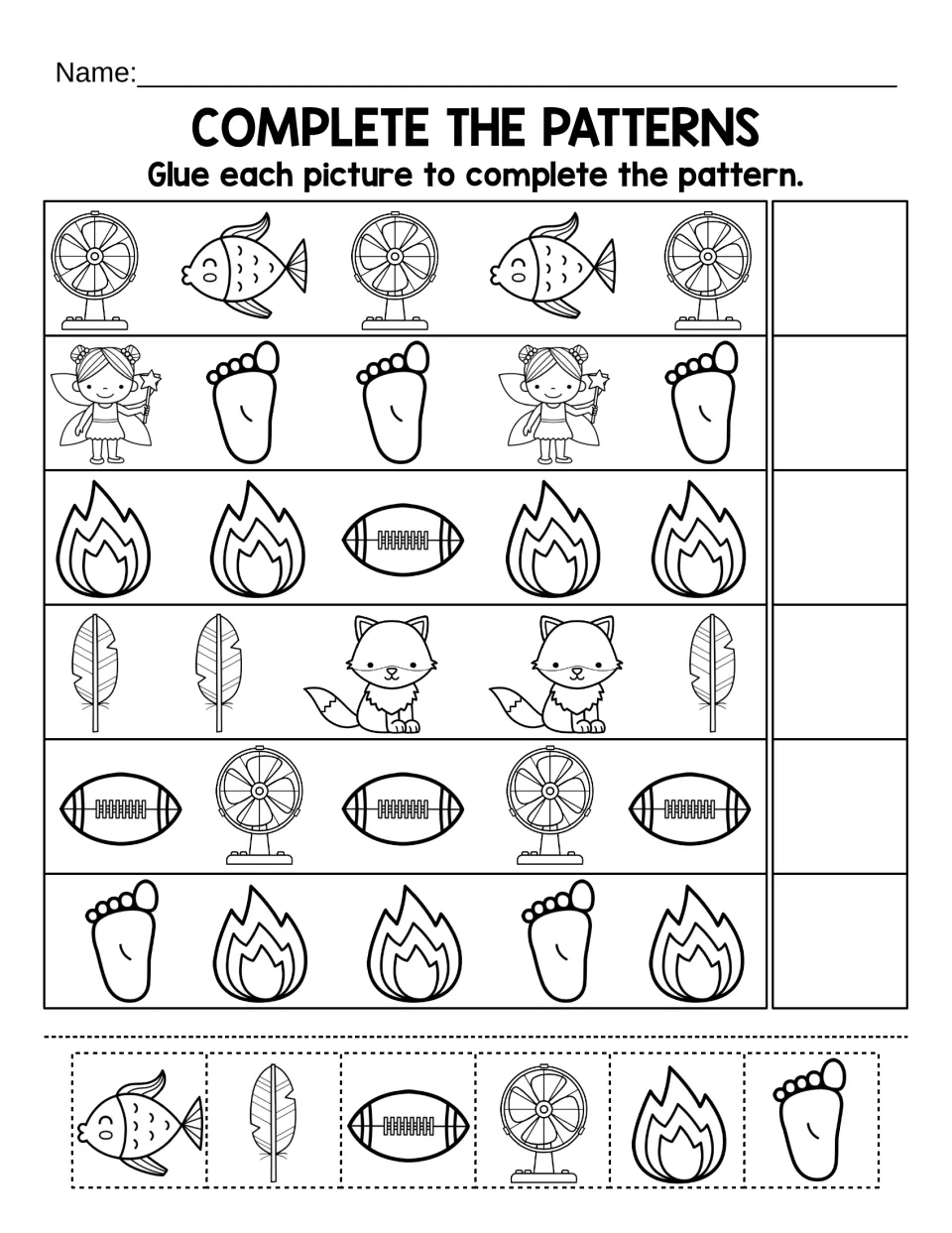 Complete the patterns: students glue fan, fish, foot, fire, football or feather pictures to finish 6 rows