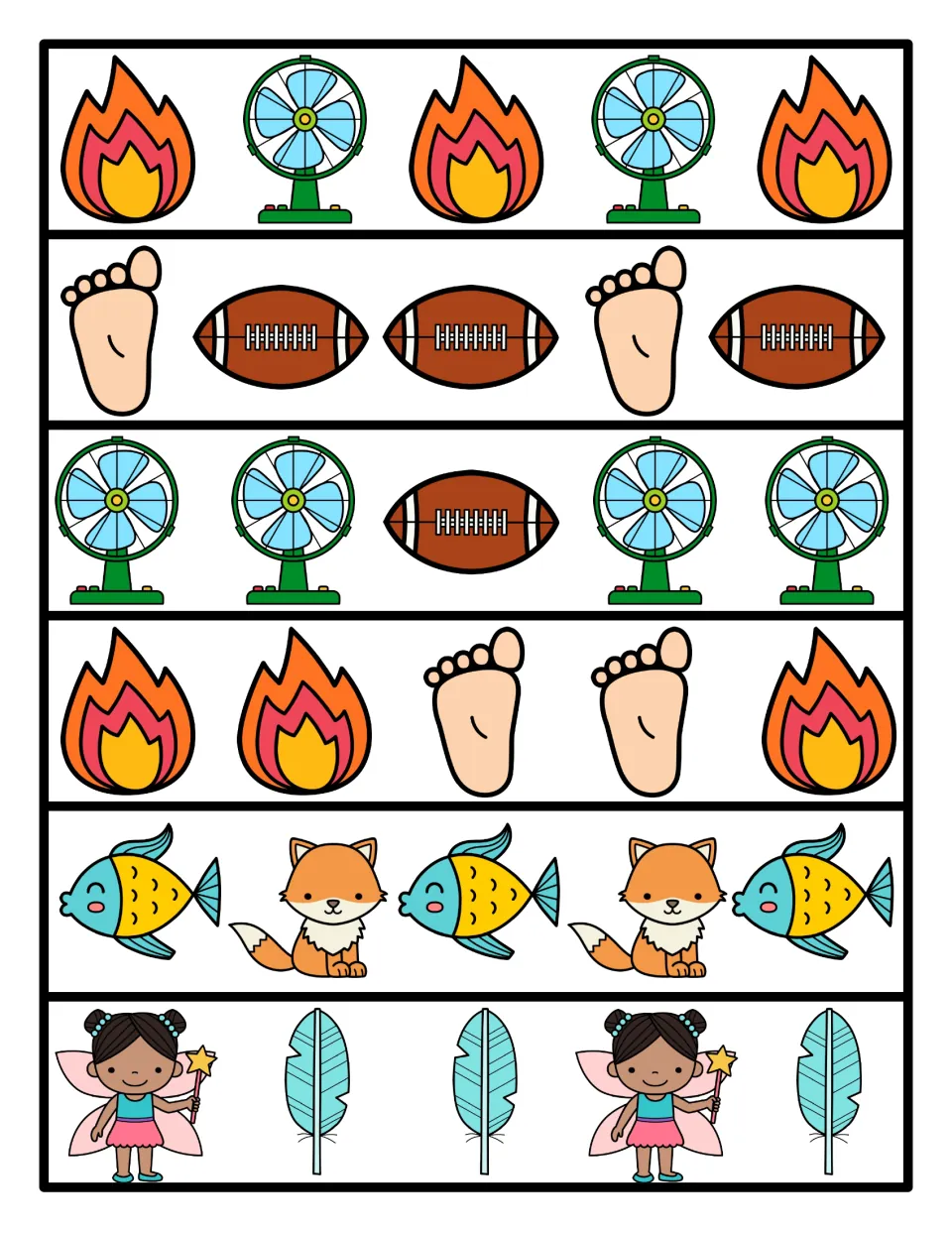 Color pattern strips: six full rows of repeating F pictures, such as fire-fan, foot-football, fish-fox and fairy-feather
