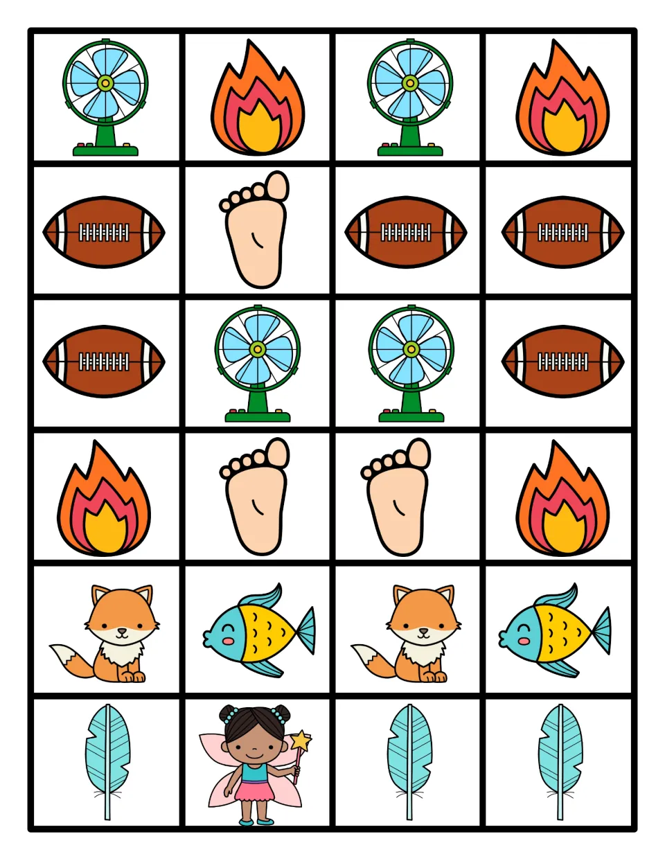 Cut-apart cards: 24 color pictures of a fan, fire, football, foot, fox, fish, feather and fairy for making patterns