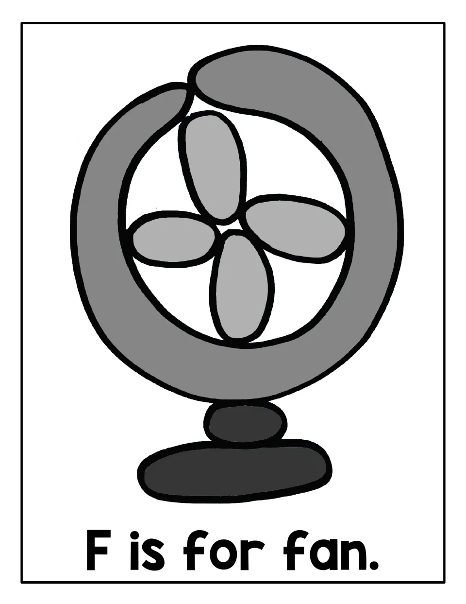 Letter F mat, F is for fan: students fill a gray desk fan with four blades and a stand using playdough for the F sound