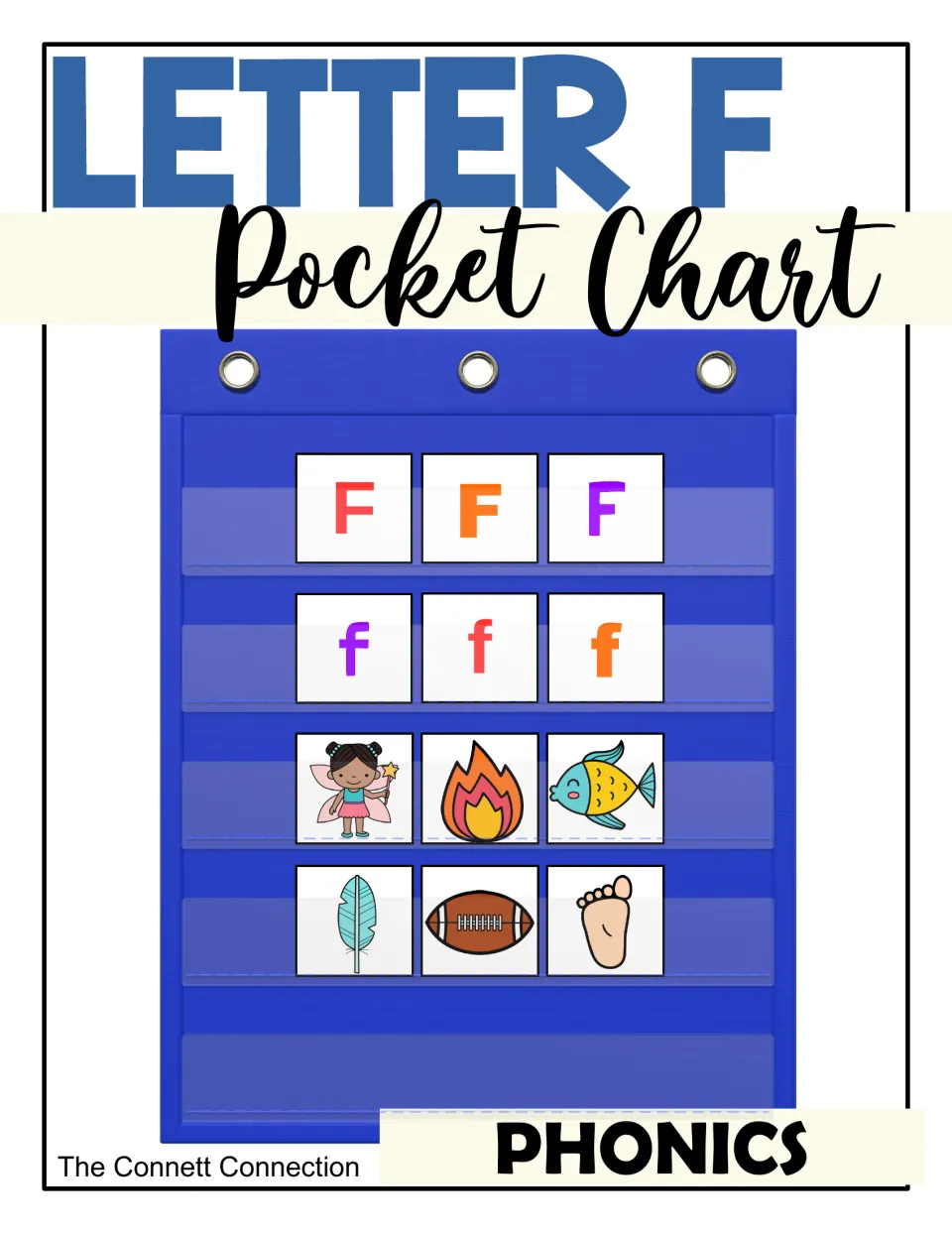 Phonics cover for letter F pocket chart cards: F and f letter cards plus fairy, fire, fish, feather, football and foot