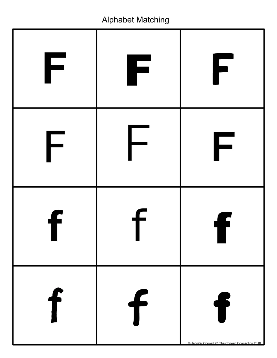 Alphabet matching: black uppercase F and lowercase f cards in six fonts each for students to sort and match letter forms
