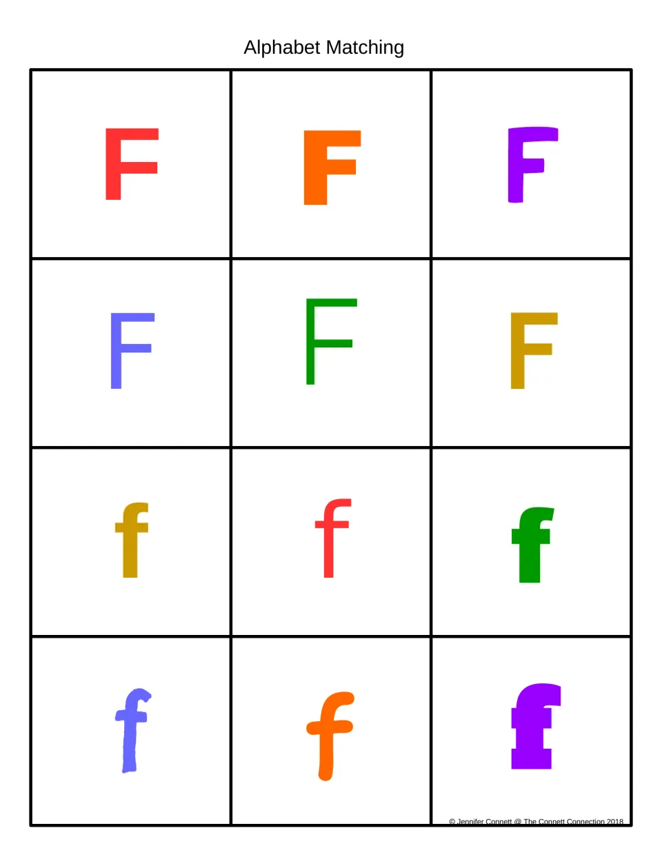Alphabet matching: colored uppercase F and lowercase f cards in varied fonts so students match capital to lowercase