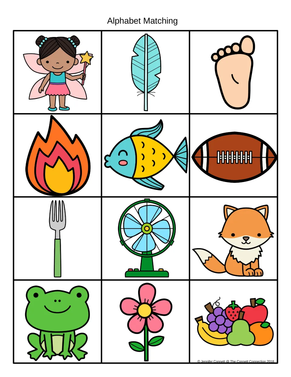 Alphabet matching: F-sound picture cards such as fairy, feather, foot, fire, fish, fork, fan, fox, frog and flower
