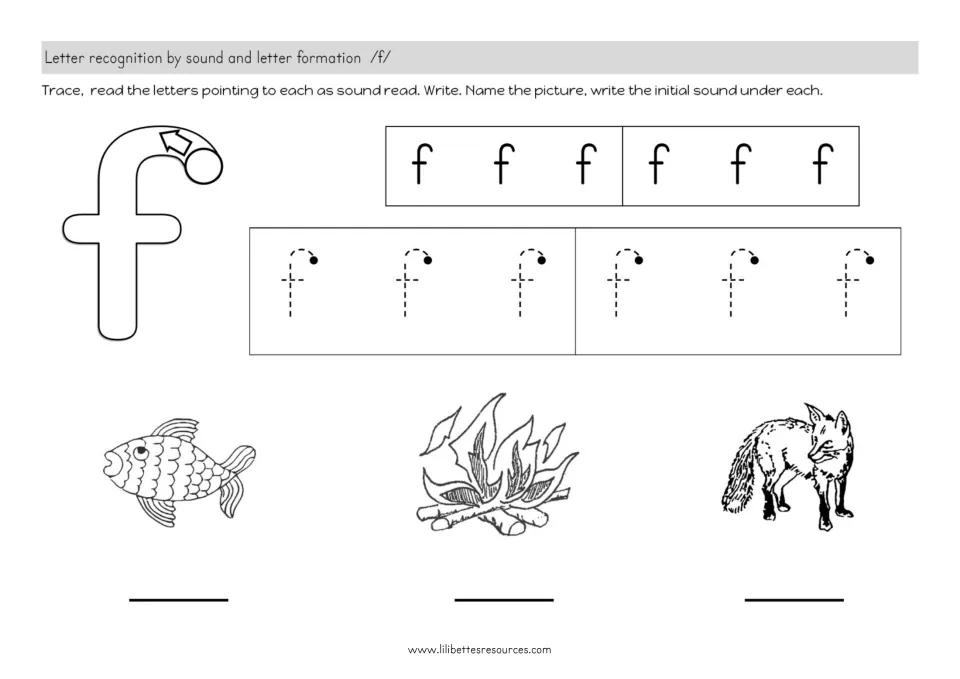 Letter f sound and formation: students trace f, read the letters, then write the first sound under fish, fire and fox