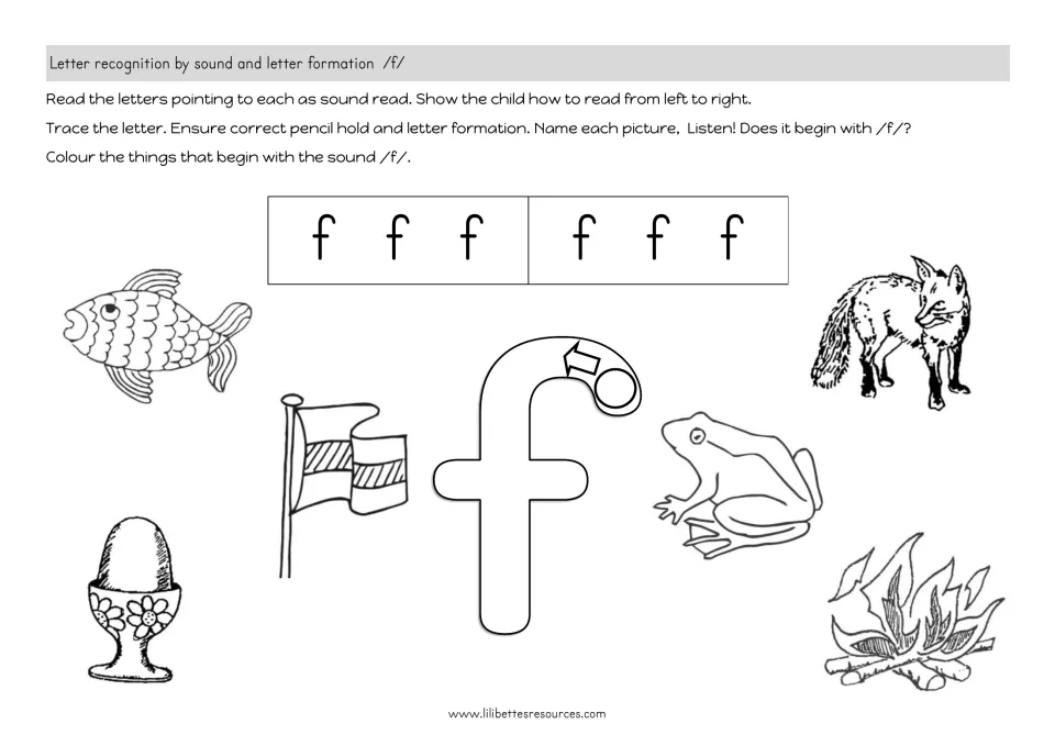Letter f sound hunt: students trace a large f, read f letters left to right, and colour pictures that begin with /f/