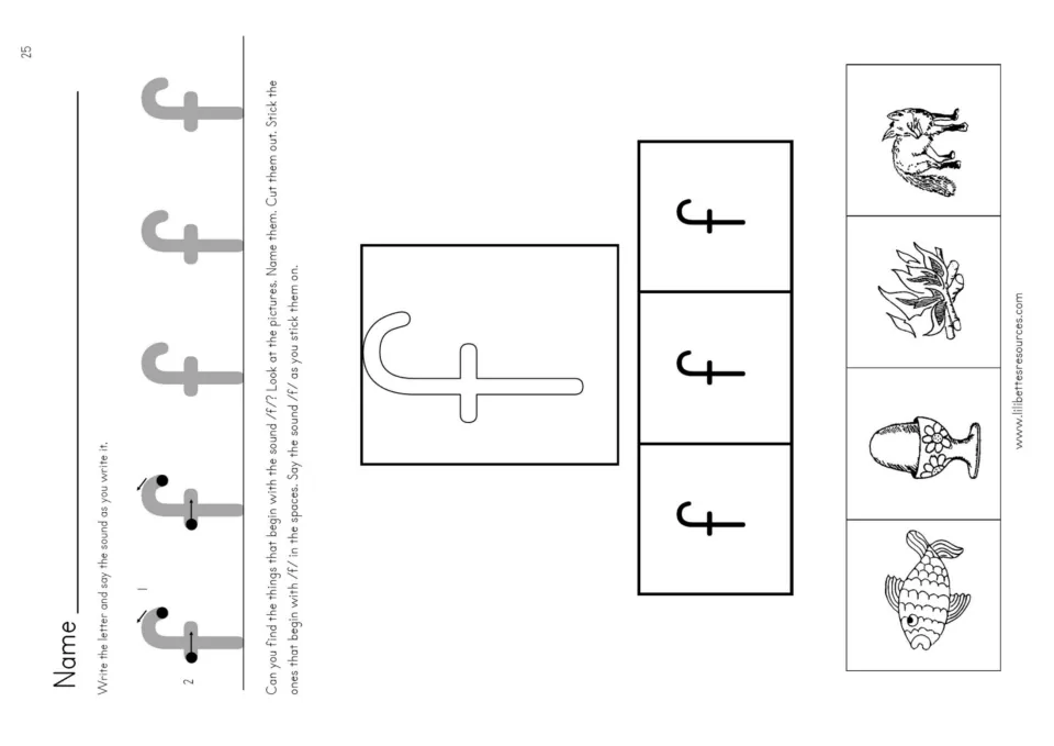 Initial sound /f/ cut and stick: students write f, then cut out fox, fire, egg cup and fish and stick the /f/ ones on