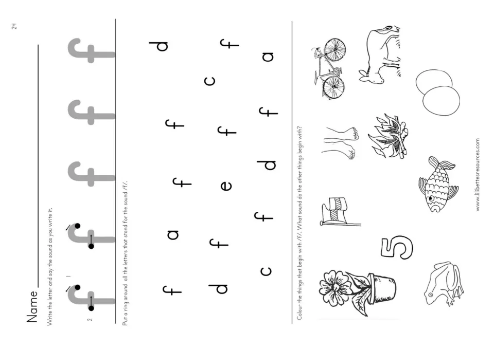 Letter f practice: students write f, ring every f among mixed letters, and colour pictures that begin with /f/