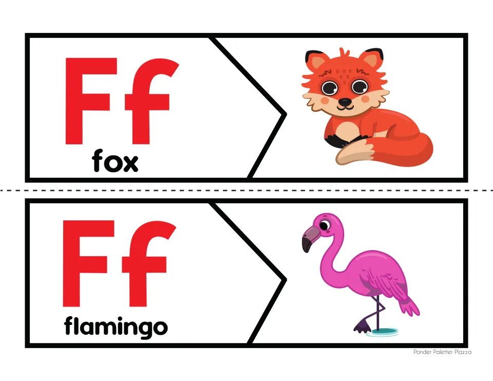 Letter F beginning sound: two-piece puzzles pair Ff and the word fox or flamingo with a matching picture