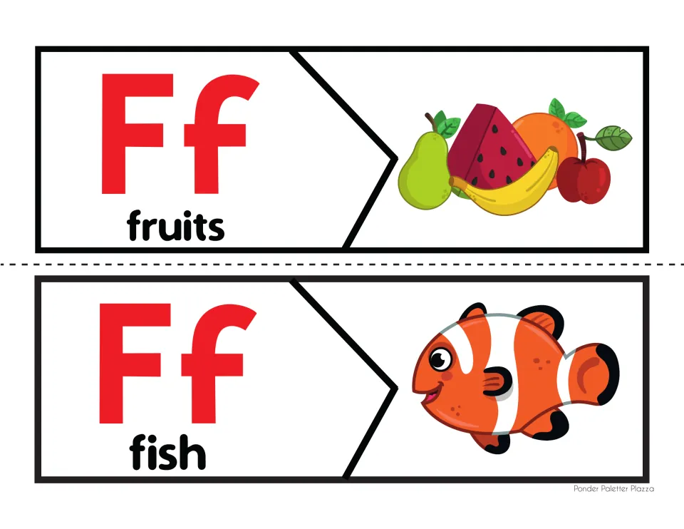 Ff initial sound puzzles for fruits and fish: children match each letter and word half to its picture half