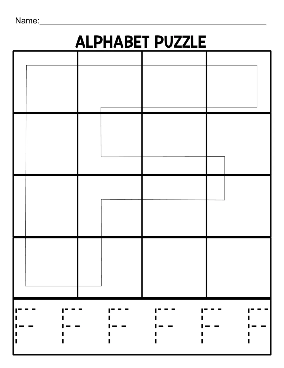 Uppercase F puzzle mat for 16 cut-out pieces, with a letter outline and six uppercase Fs to trace below