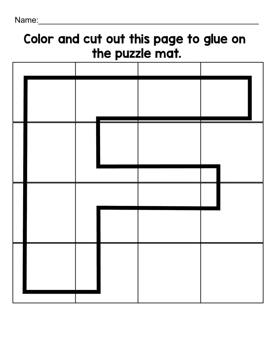 Uppercase F puzzle sheet with 16 pieces to color, cut out, and glue onto the matching uppercase F mat